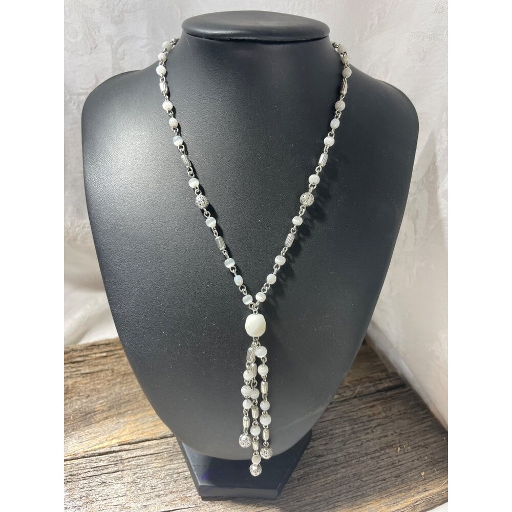 Beautiful Vintage Costume Necklace Silver Faux White Stones Pearls Tassel